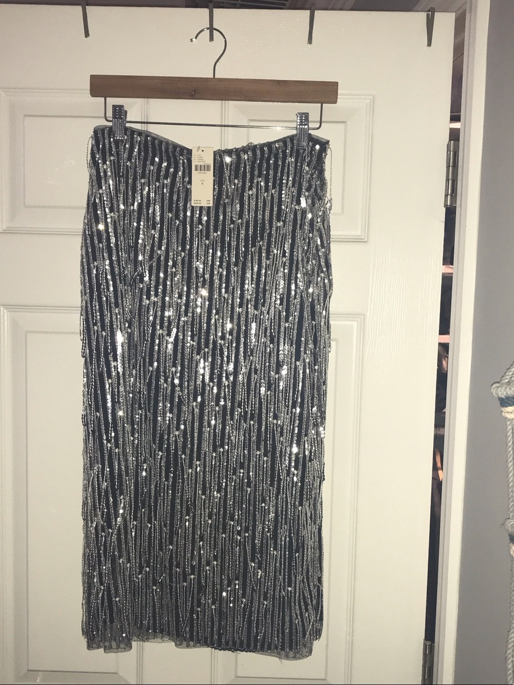 Maeve Black and Silver Sequin Fringe Midi Skirt